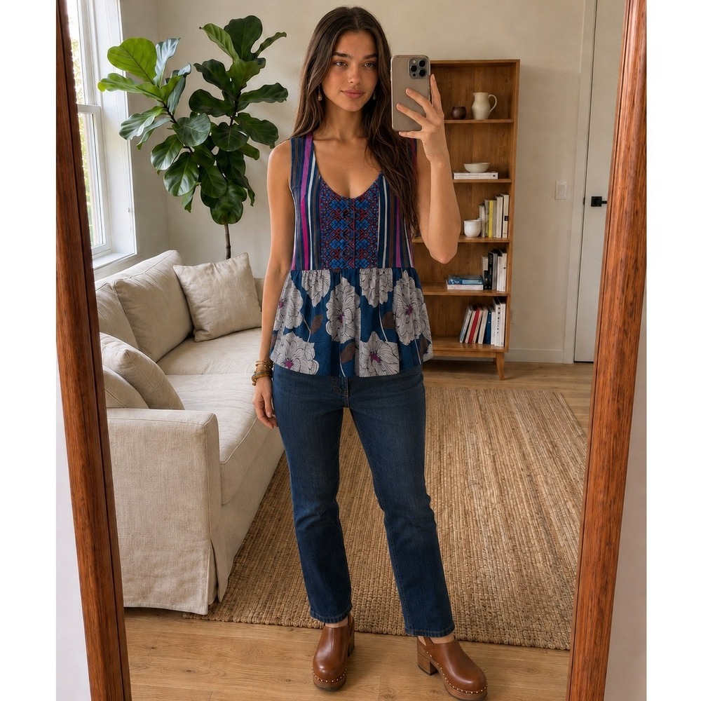 Anthropologie One September Floral Embroidered Top XS Mixed Print Boho Artsy